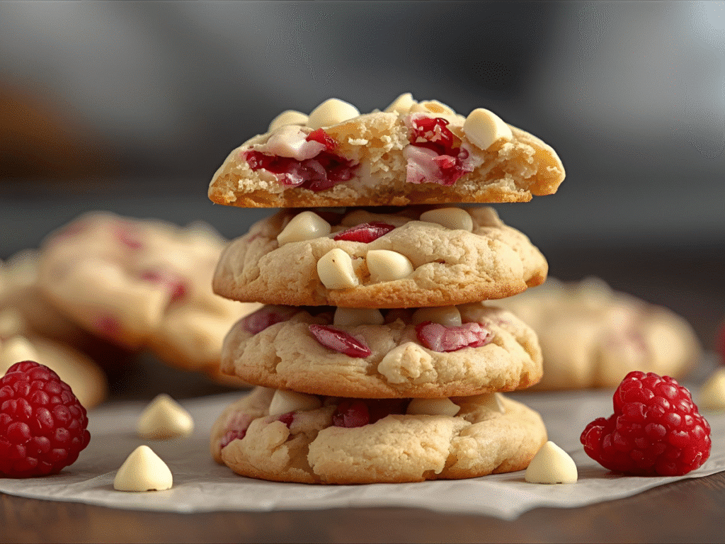 Chewy raspberry cookies with white chocolate and freeze‑dried raspberries on parchment​