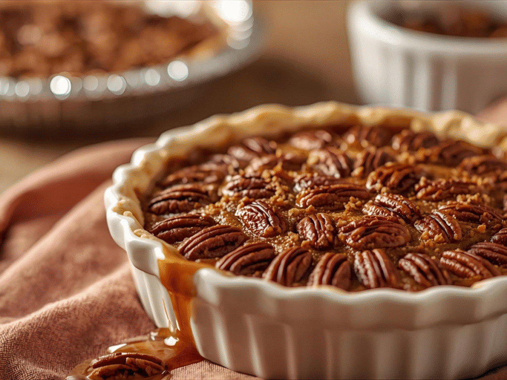 Gooey pecan pie cobbler with crunchy pecans and flaky cobbler crust, fresh from the oven. -