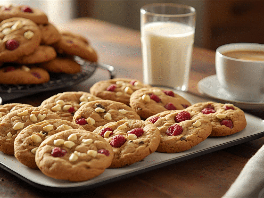 Chewy raspberry cookies with white chocolate and freeze‑dried raspberries;
