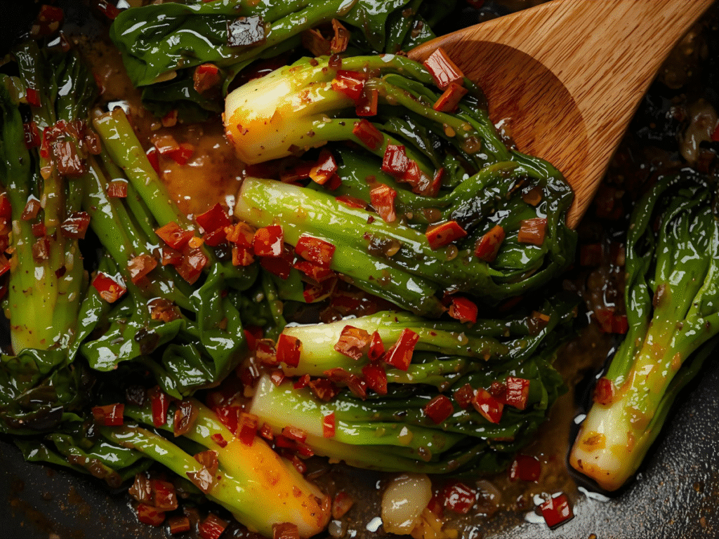 Garlic Soy Bokchoy Stir Fry with ginger and garlic in glossy soy glaze, crisp-tender greens​