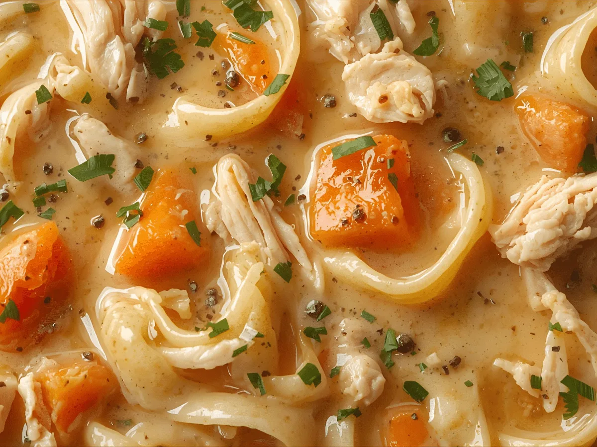 Creamy slow cooker chicken noodle soup with shredded chicken, egg noodles, carrots, celery, and parsley.