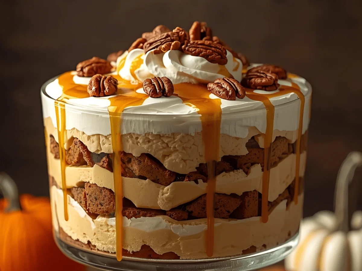 Layered Pumpkin Cheesecake Trifle in a glass bowl with whipped cream and pumpkin spice.
