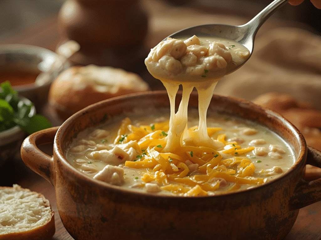Creamy white chicken chili with white beans, green chiles, corn, and toppings in a ceramic bowl.​​