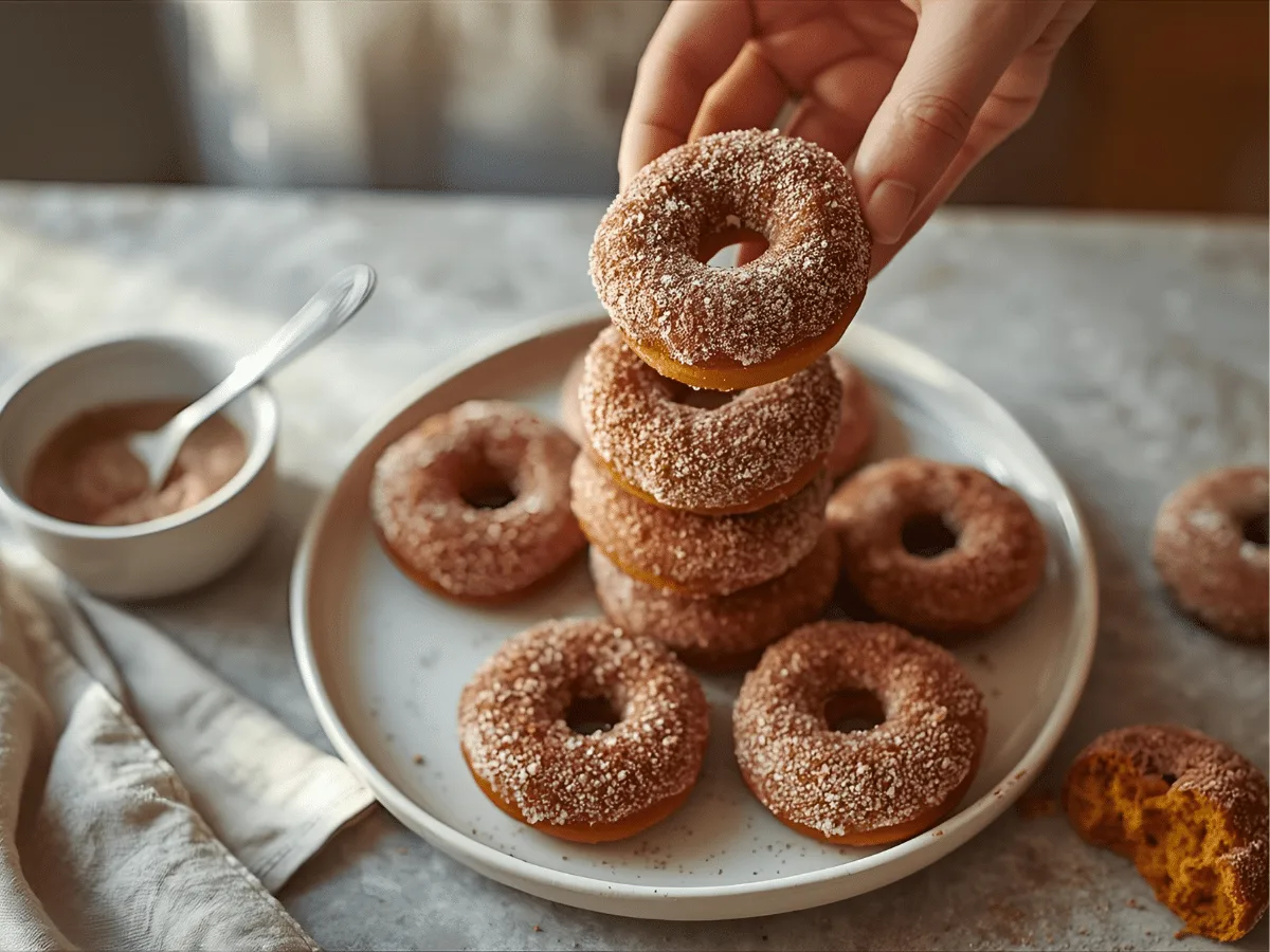 Alt: Baked pumpkin donuts stacked on a plate and coated in cinnamon sugar, soft cake texture
