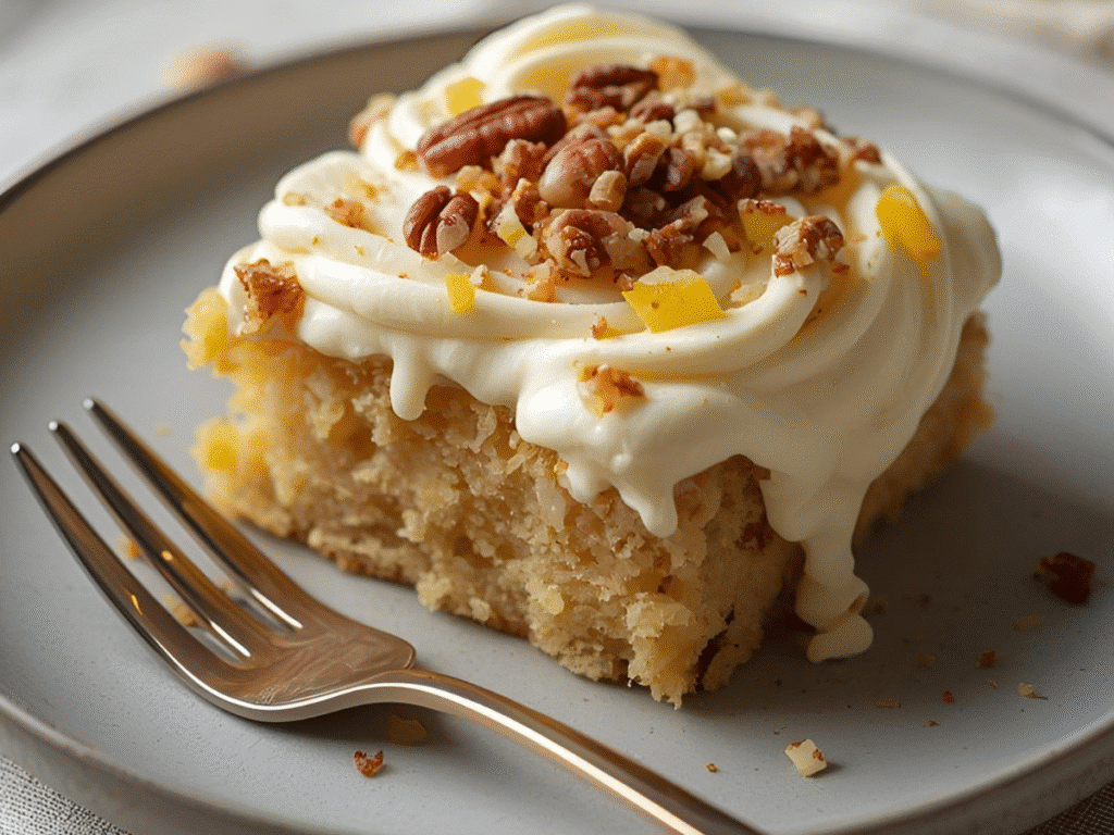 Pineapple Pecan Cake sheet cake with cream cheese frosting, crushed pineapple, and chopped pecans.​