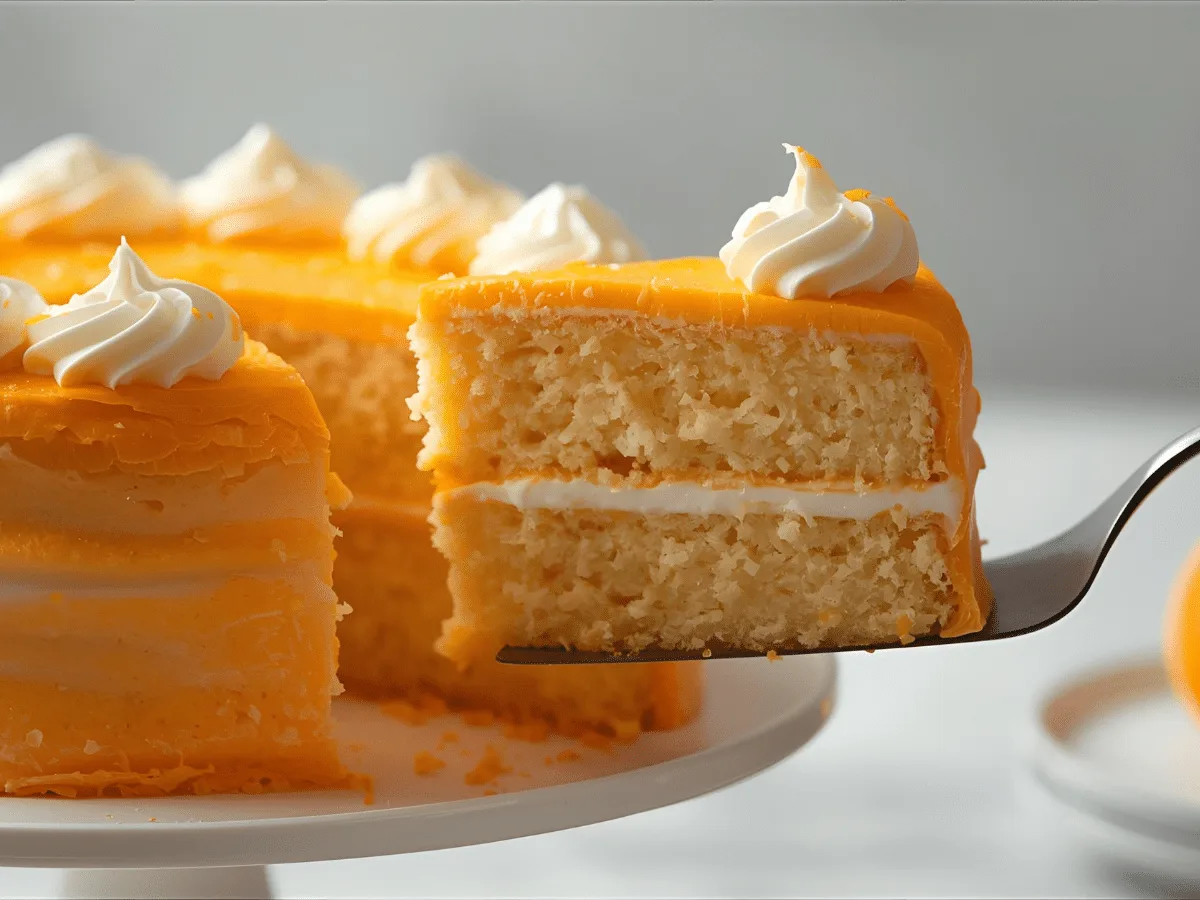 Orange Dreamsicle Cake with orange frosting, Cool Whip, and fresh zest on a pedestal