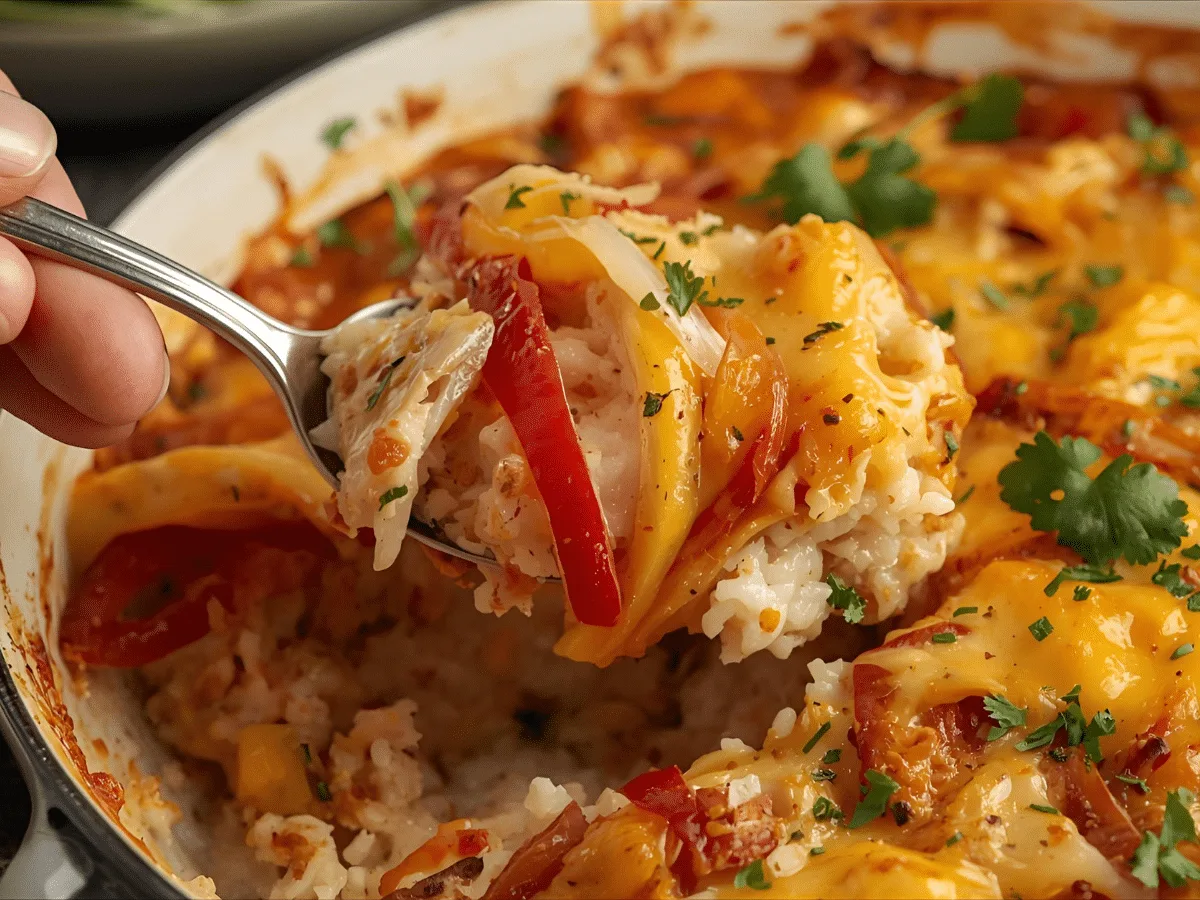 Chicken Fajita Casserole with Rice baked with peppers, onions, and melted cheese for easy weeknight meals.