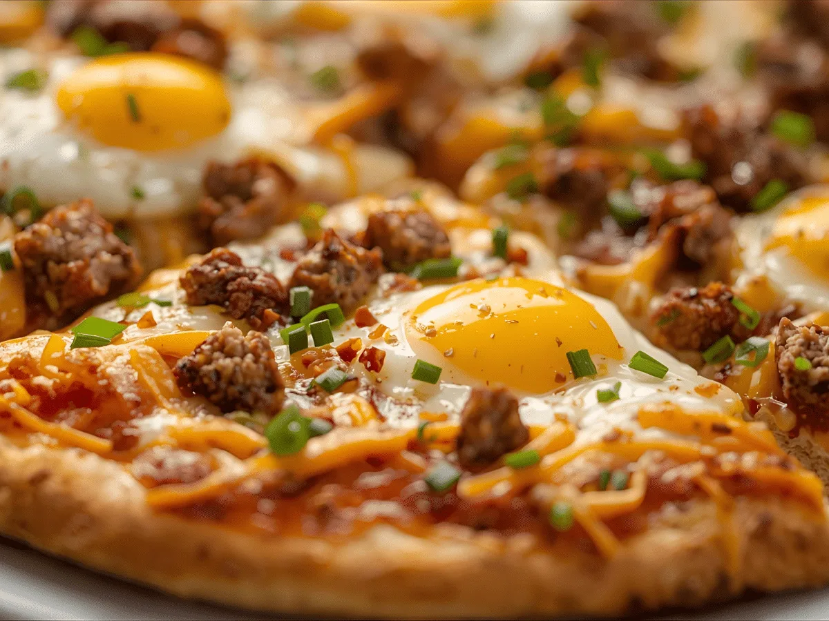 Cheese Crust Breakfast Pizza with eggs, sausage, and melty cheese on parchment​