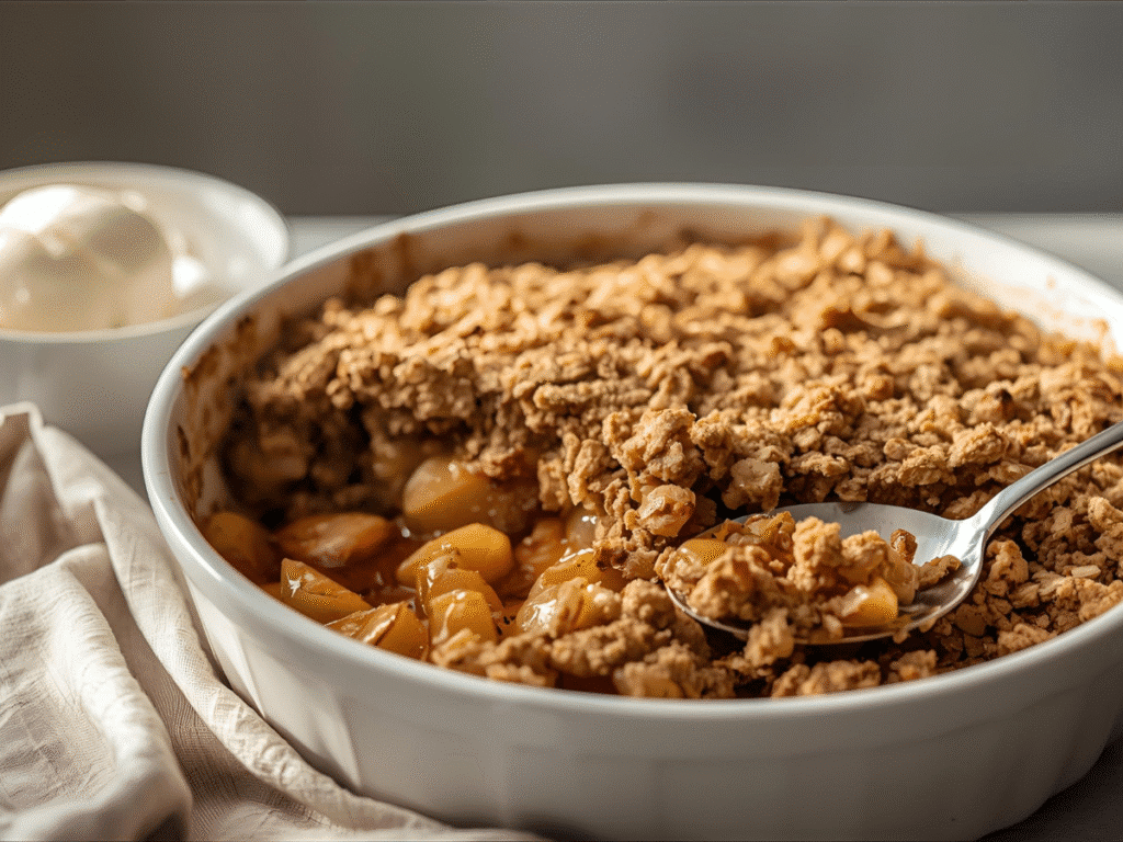 Golden oatmeal apple crisp in white baking dish with scoop removed.