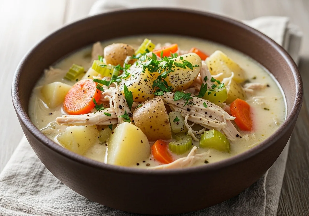 Alt: Creamy chicken potato soup crockpot in rustic bowl with tender potatoes and shredded chicken