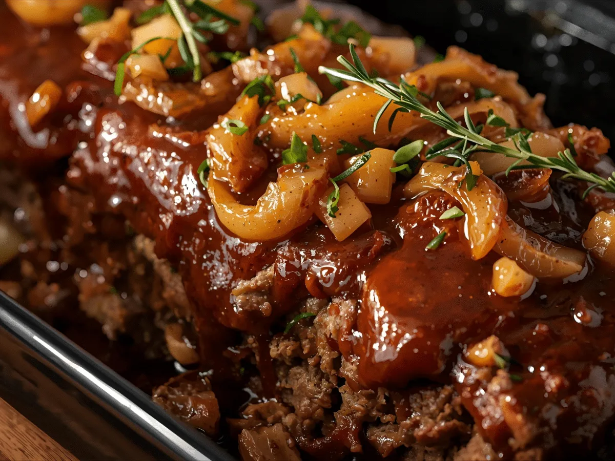 French Onion Meatloaf with caramelized onions and melted Swiss, sliced and glazed on a dark platter.​