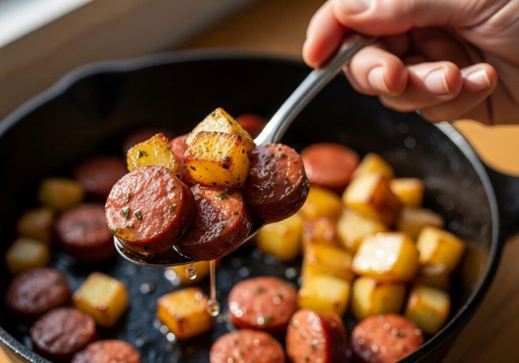 Roasted potatoes and smoked sausage coins in a cast-iron skillet with herbs.