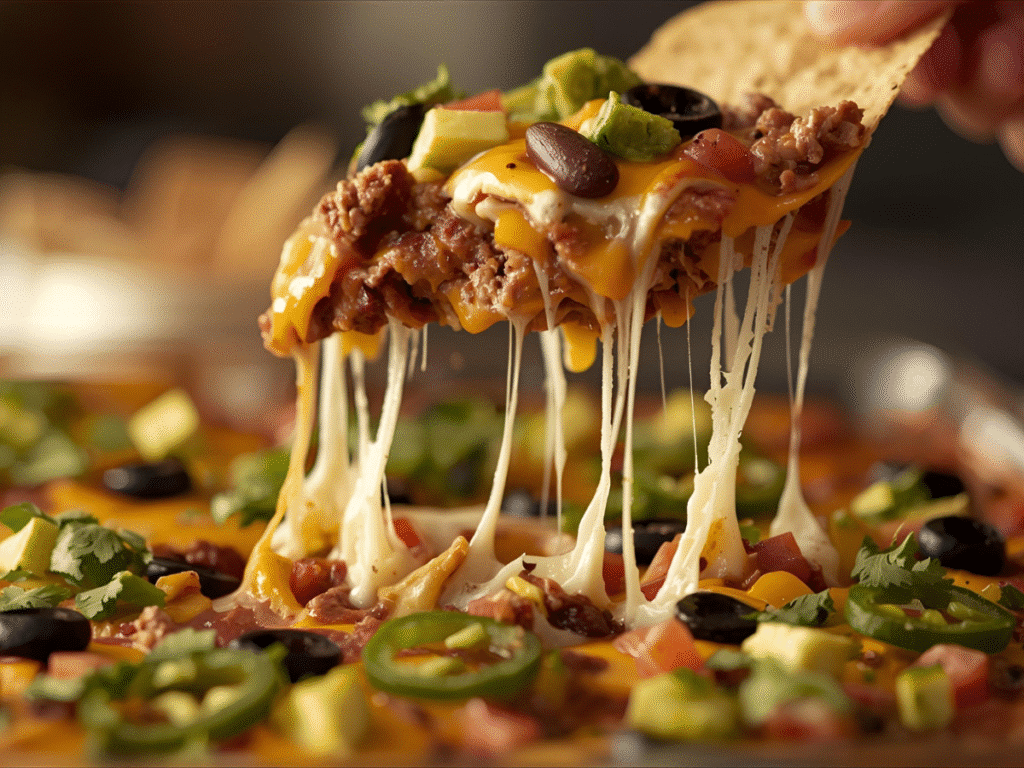 V3: Alt: Layered taco dip in glass pan showing beans, spiced sour cream, guac, salsa, cheese, tomatoes, olives, green onions.