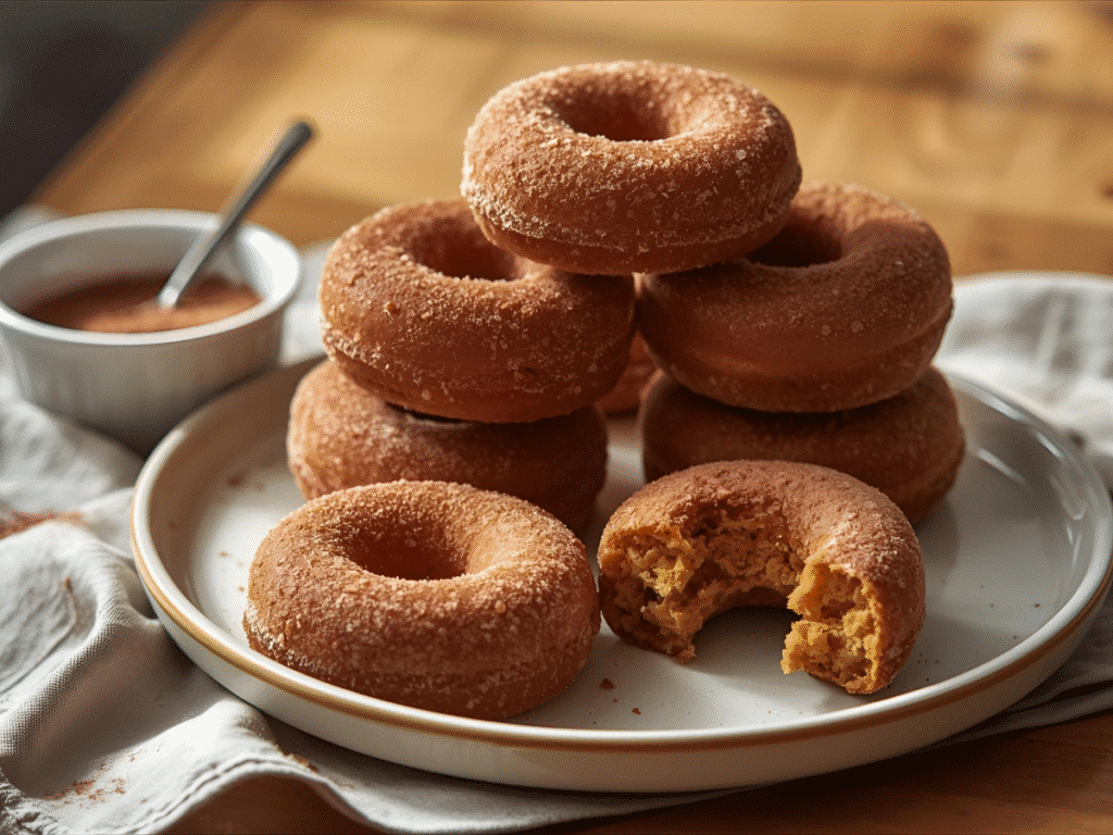 Alt: Baked pumpkin donuts with cinnamon sugar on a ceramic plate