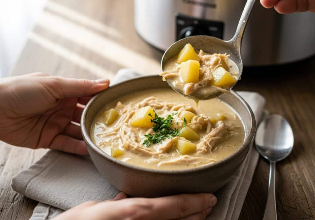Flat-lay ingredients for chicken potato soup crockpot with potatoes, chicken, broth, and aromatics