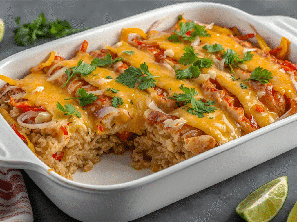 V1: Alt: Cheesy chicken fajita casserole with rice in a white dish;