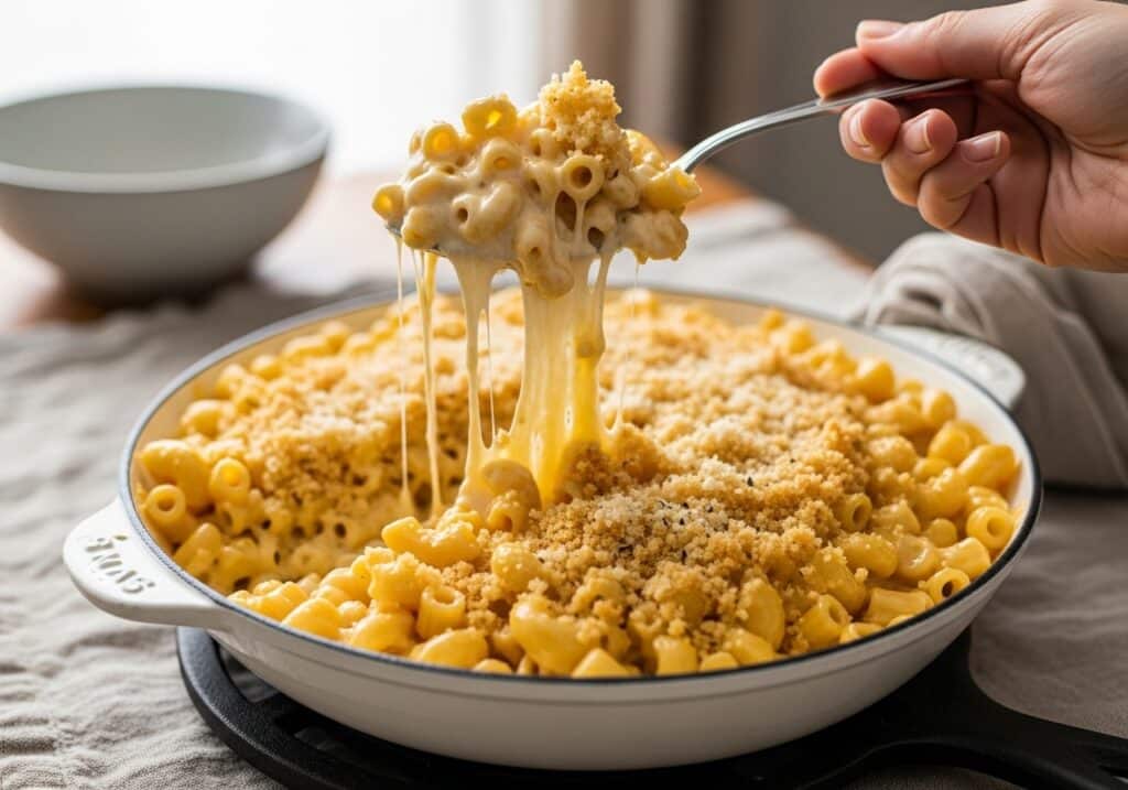 Alt: Bowl of extra creamy mac and cheese with spoon trail and Parmesan.