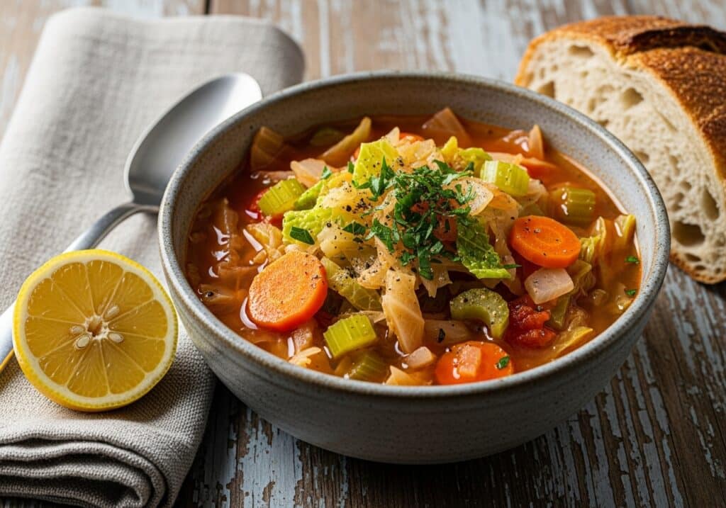 Clear broth cabbage soup with bright vegetables; low‑calorie and cleanse‑friendly bowl.