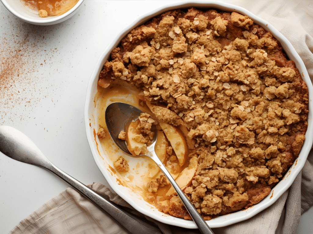 Easy apple crisp with oat crumble and tender baked apples, served warm. 
