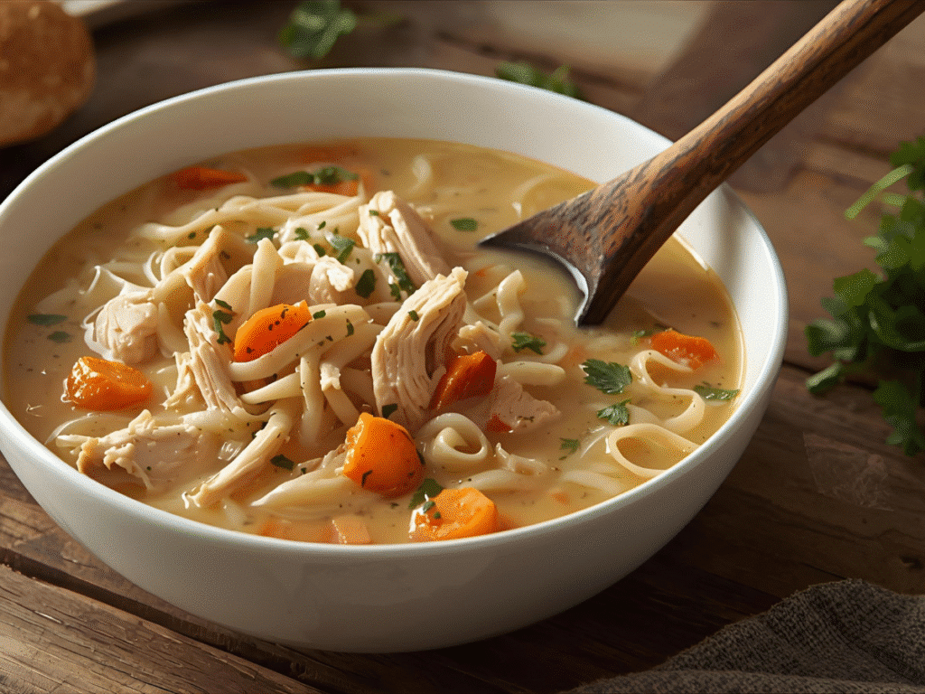 Creamy crockpot chicken noodle soup with shredded chicken, egg noodles, and parsley.