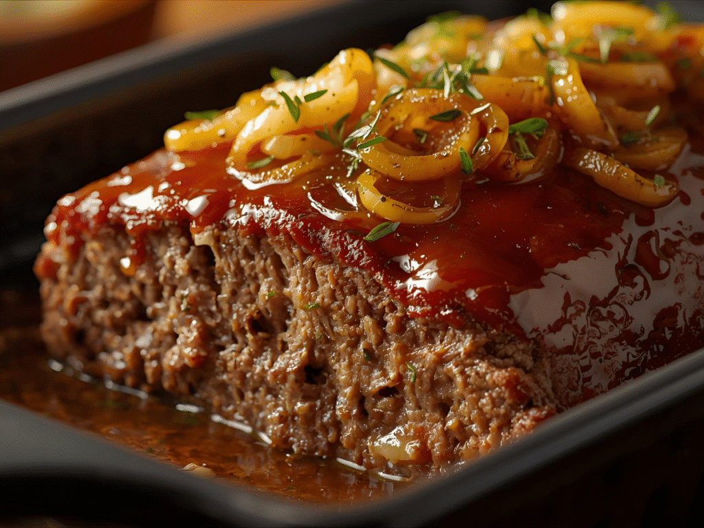 Fanned slices of French Onion Meatloaf on slate with caramelized onions and glaze.​
