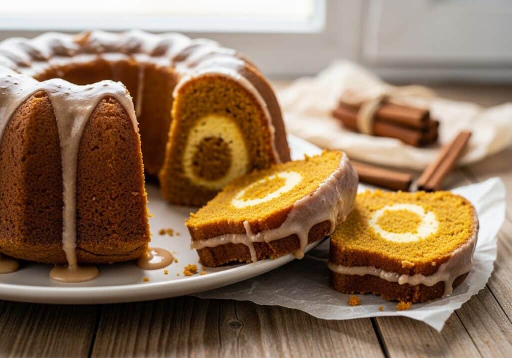 eature v1: Alt: Pumpkin bundt cake with cream cheese swirl and brown sugar glaze;