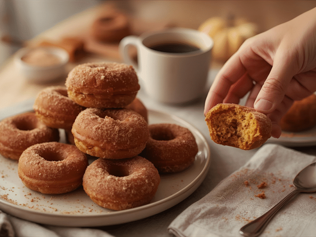 Stack of baked pumpkin donuts coated in cinnamon sugar, fall dessert