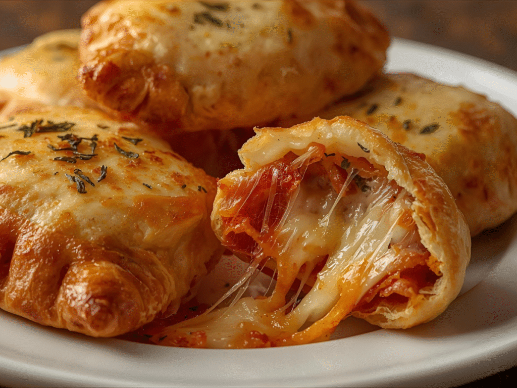 Crispy pizza pockets on parchment with cheese pull;