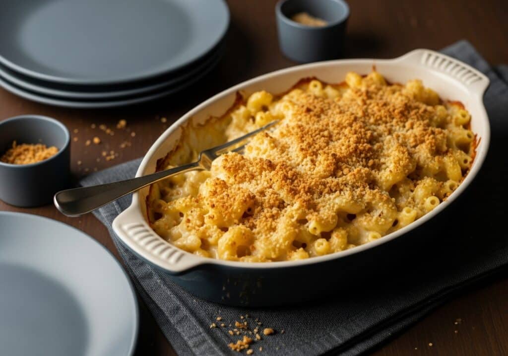 a Bowl of extra creamy mac and cheese with spoon trail and Parmesan.