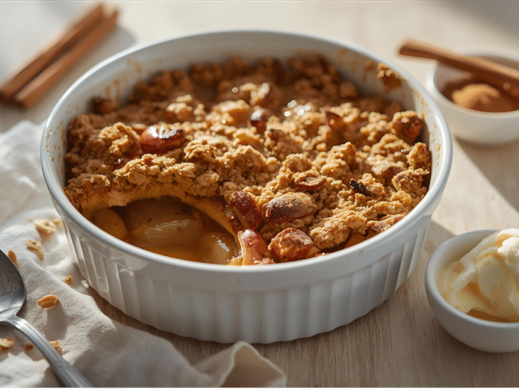 Homemade apple crisp recipe with crunchy oat crumble and vanilla ice cream. 