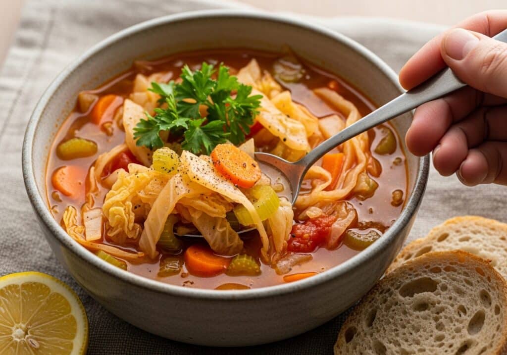 Simple cabbage soup with cabbage, carrot, celery, parsley in a clear broth, easy vegetable soup.