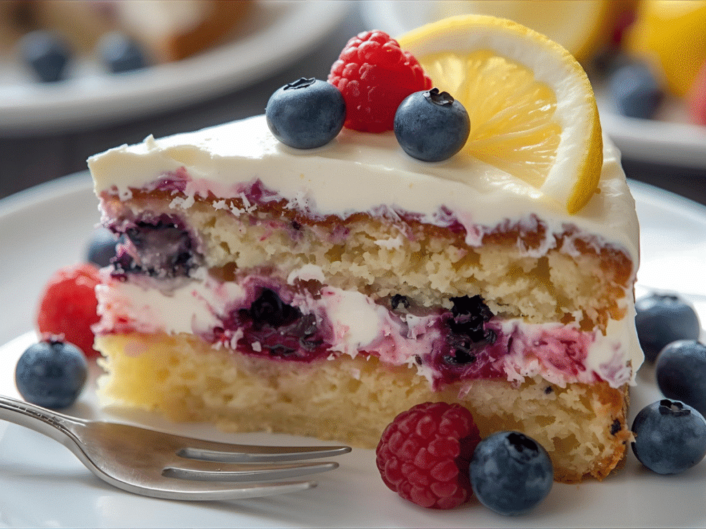 Easy lemon blueberry poke cake in pan with one slice removed, poke cake lemon style.​