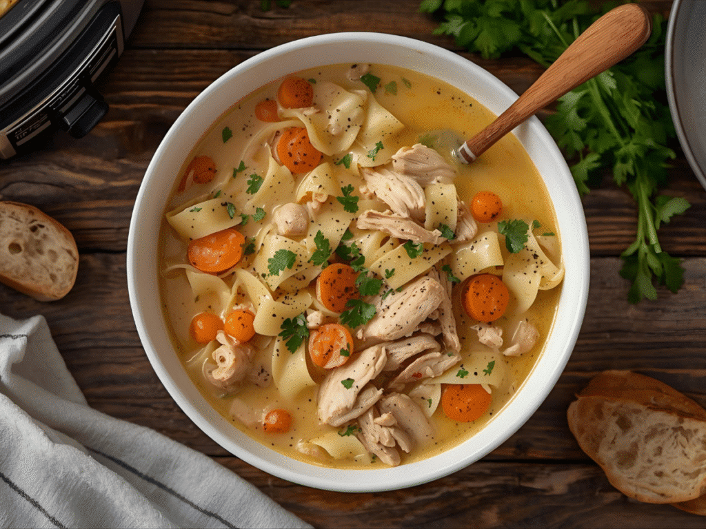 chicken noodle soup crockpot : Crock Pot chicken noodle soup creamy with carrots, celery, onion, and noodles.