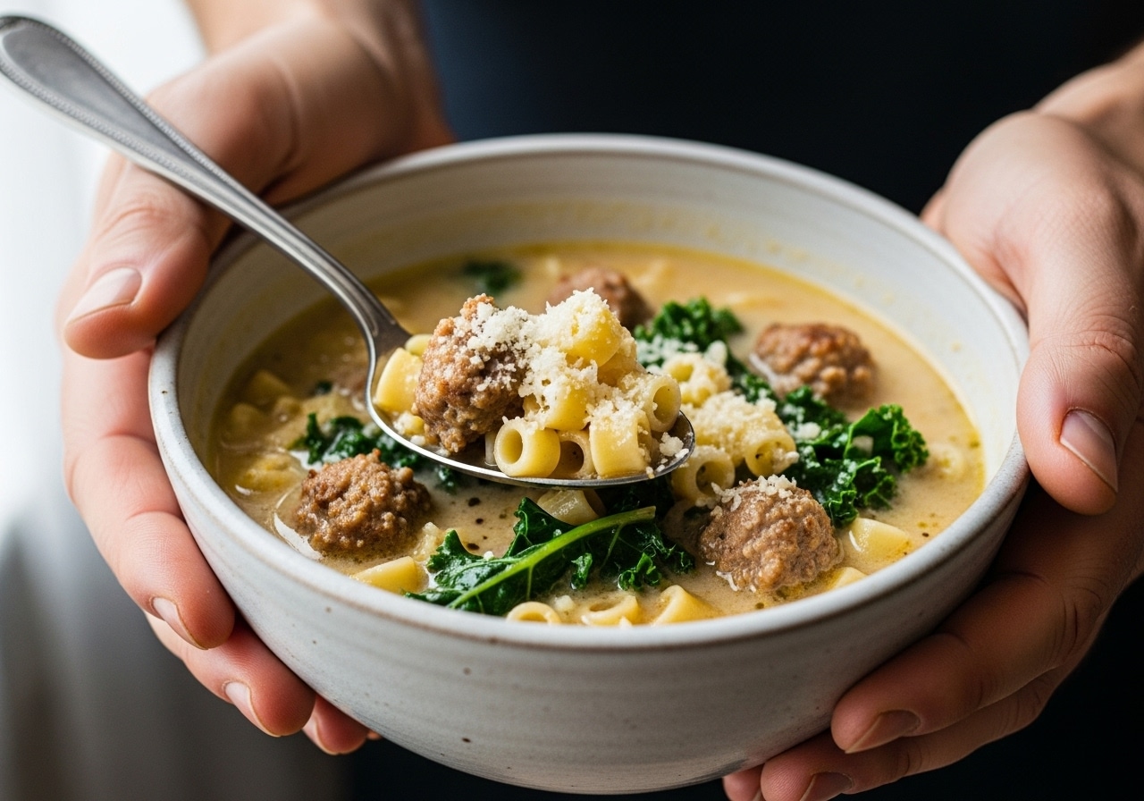 Italian sausage soup in a creamy Parmesan broth with ditalini and spinach, served warm.​