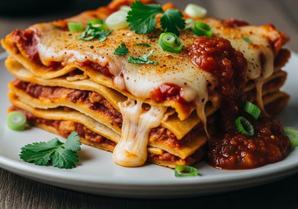 Cheesy Mexican lasagna recipe with tortillas layered like Tex Mex and enchilada lasagna.​