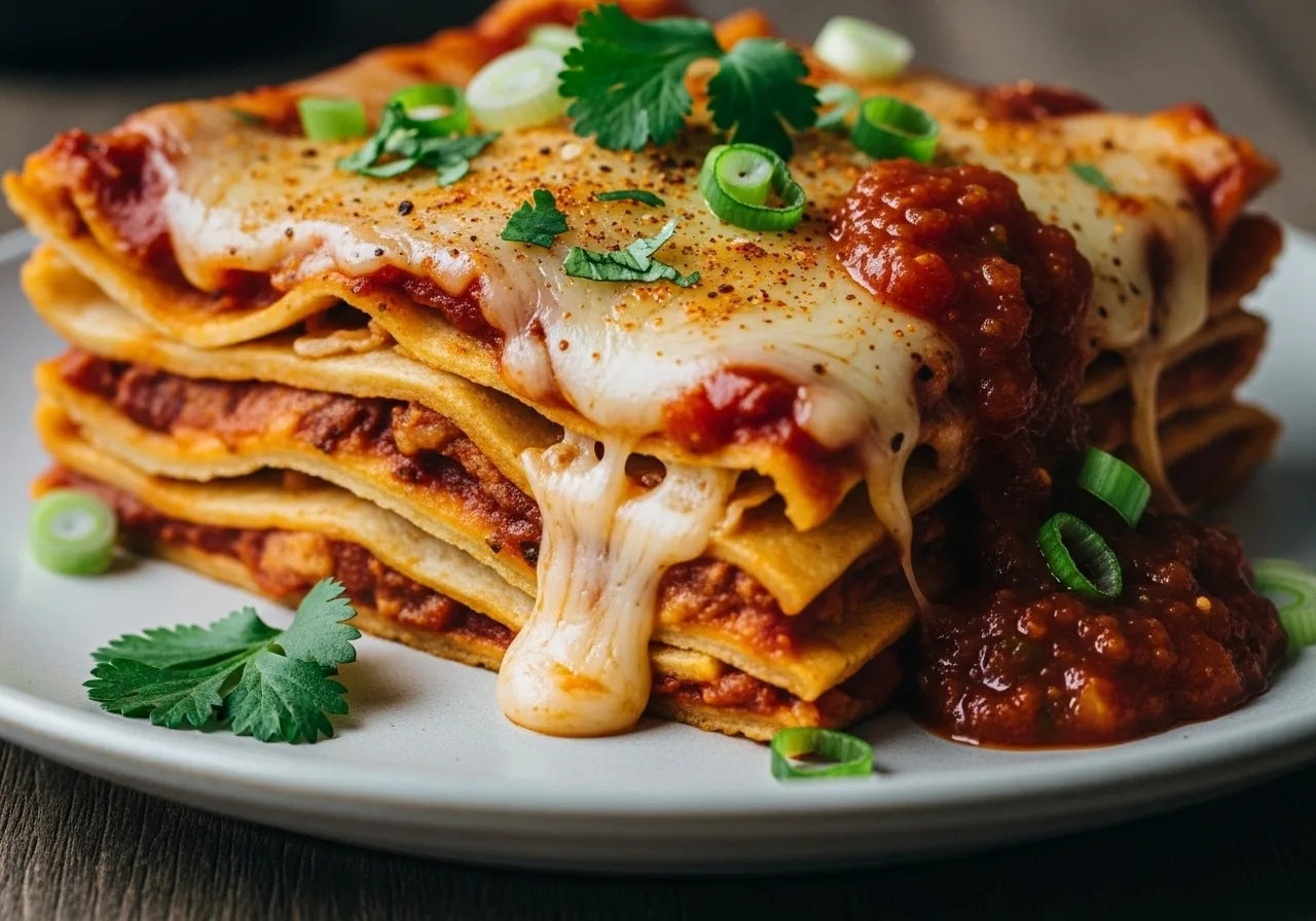Cheesy Mexican lasagna recipe with tortillas layered like Tex Mex and enchilada lasagna.