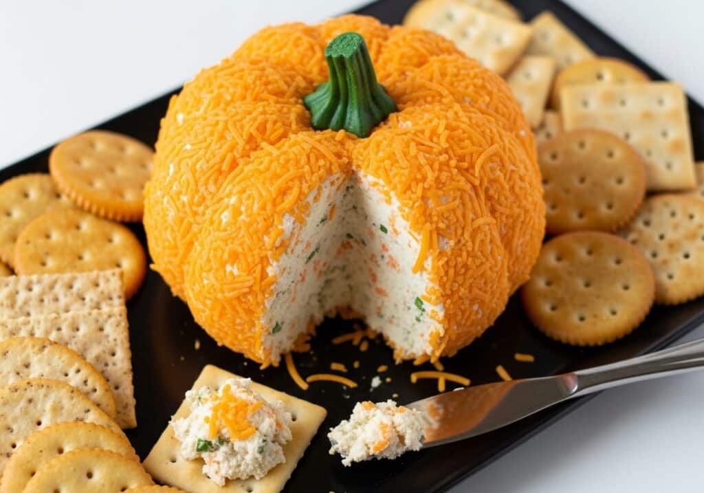 Alt: Cream Cheese Appetizer shaped like a pumpkin with whole wheat crackers.​