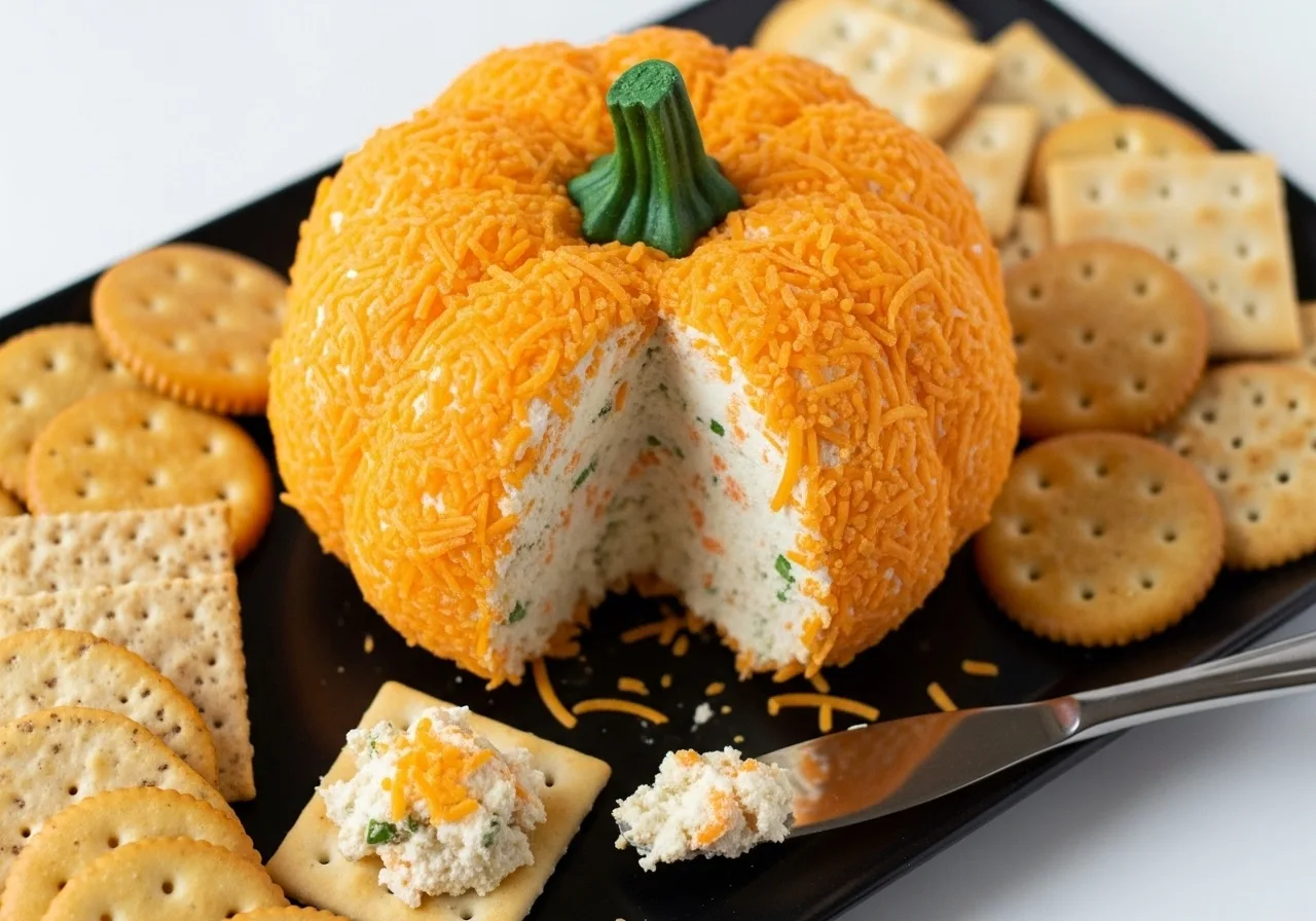 Alt: Cream Cheese Appetizer shaped like a pumpkin with whole wheat crackers.