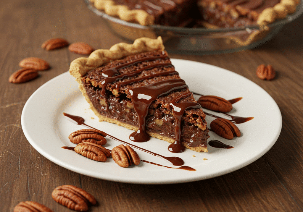 Texas Chocolate Pecan Pie with glossy chocolate and crunchy pecans, rustic setting.