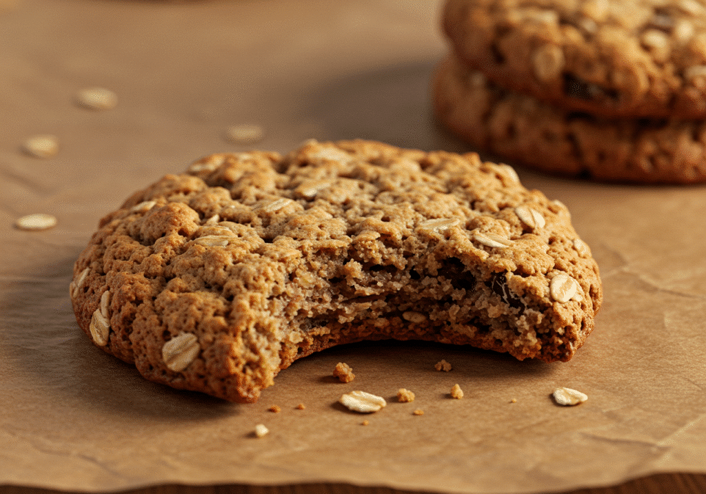 Maple oatmeal cookies stacked on wooden tray