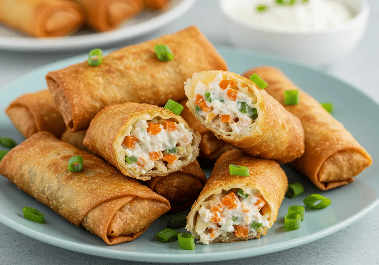 Crispy golden crab rangoon egg rolls stacked on a rustic wooden board with dipping sauce"