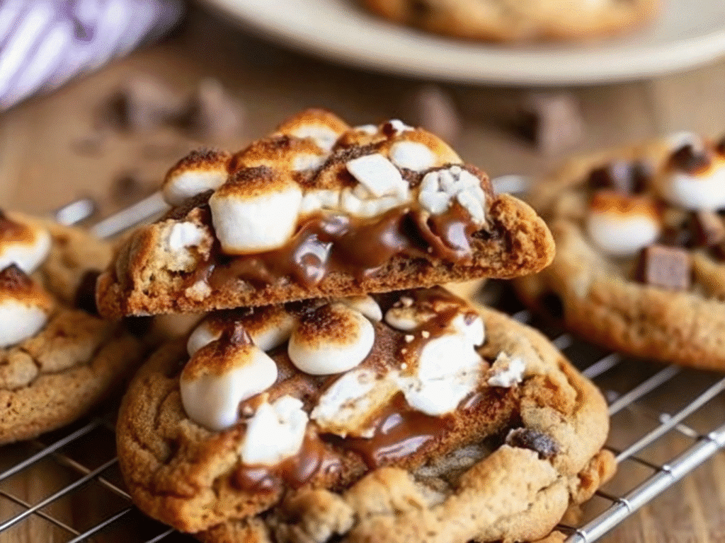 Gooey S’mores Cookies stacked on a white plate with melted chocolate and toasted marshmallows.
