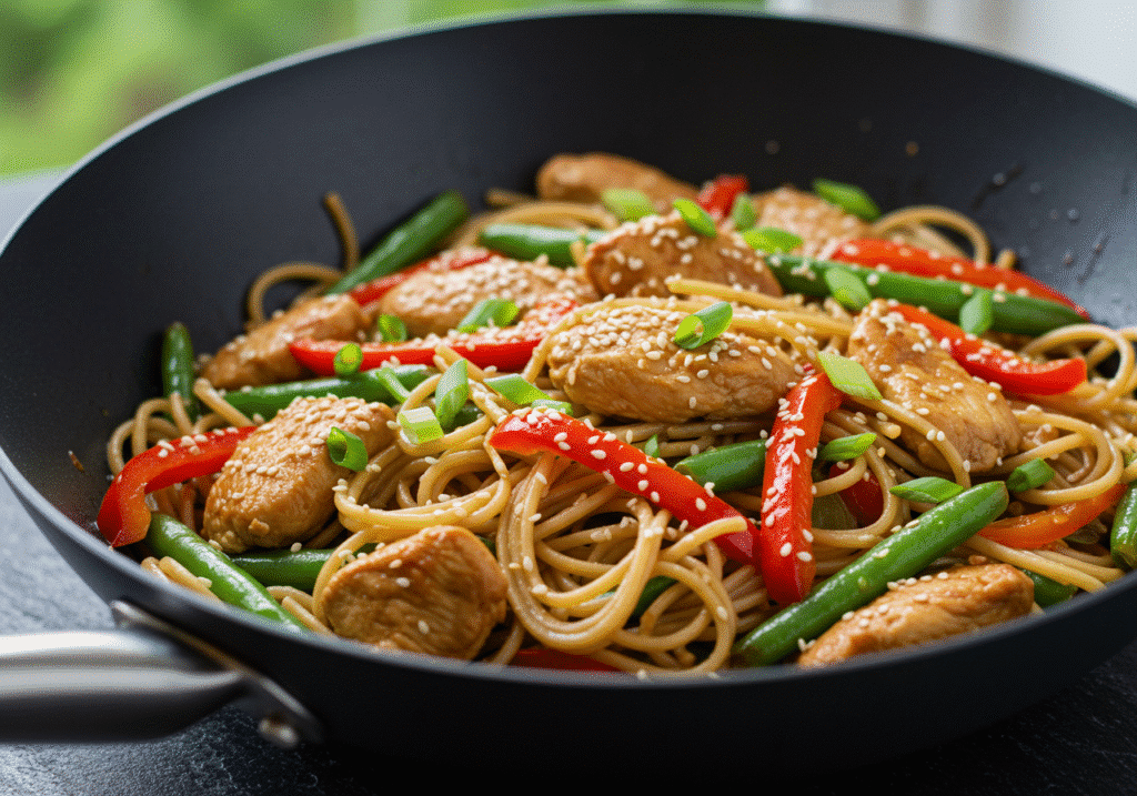 Plate of Easy Chicken Lo Mein with colorful veggies and savory sauce.