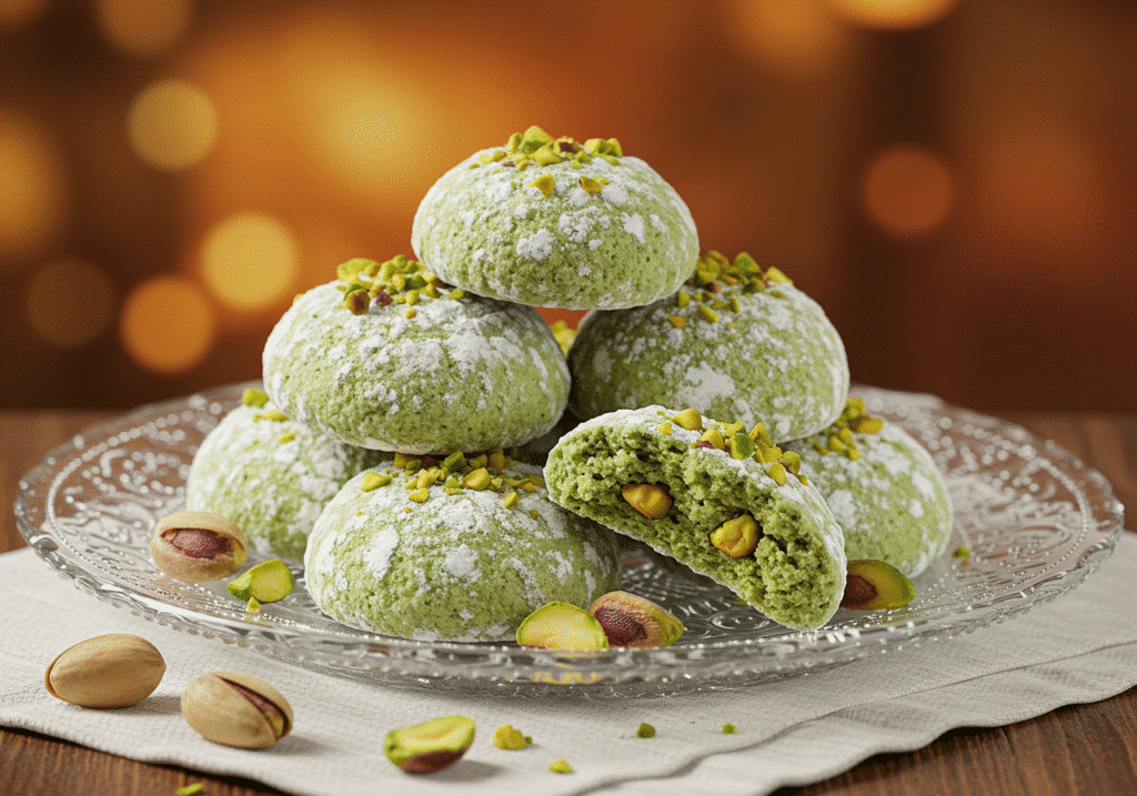 Pistachio cookies with chopped nuts on top