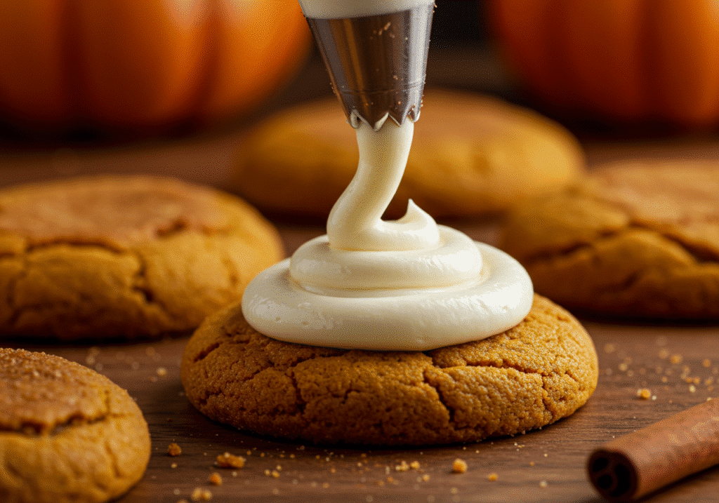 Soft pumpkin cookies with cream cheese frosting; easy fall dessert.