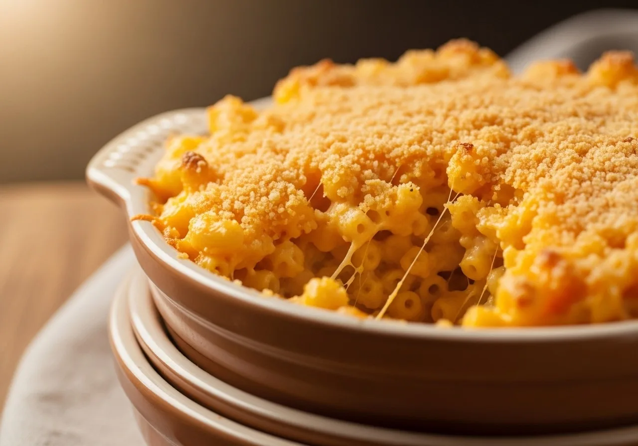 Extra creamy mac and cheese with crunchy topping in cast‑iron skillet, Parmesan finish.