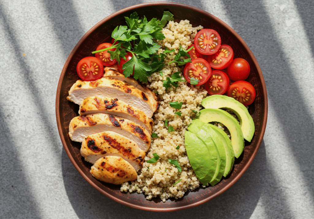 Easy Chicken Recipes: Healthy quinoa bowl with fresh vegetables, family-style meal