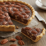 Alt Text : Close-up of a slice of Texas Chocolate Pecan Pie displaying gooey fudge center and toasted pecans