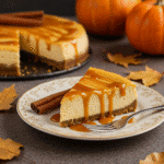 Alt text: Whole pumpkin caramel cheesecake on wooden table with autumn leaves.