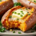 Fluffy orange sweet potato with butter and chives.